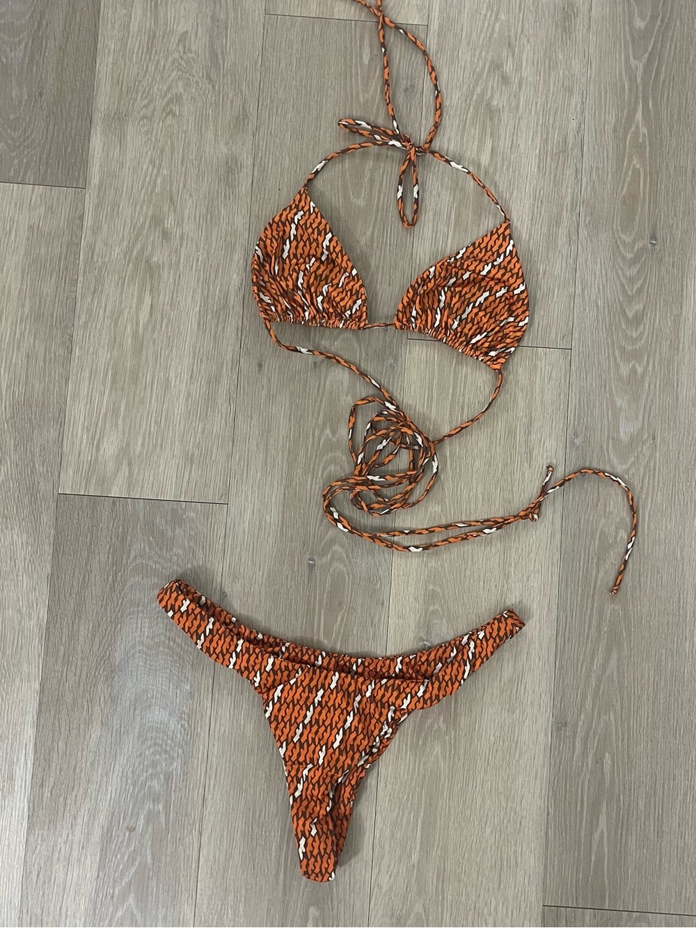 iNAMORATA Orange Triangle Wrap Bikini Top and matching bottom